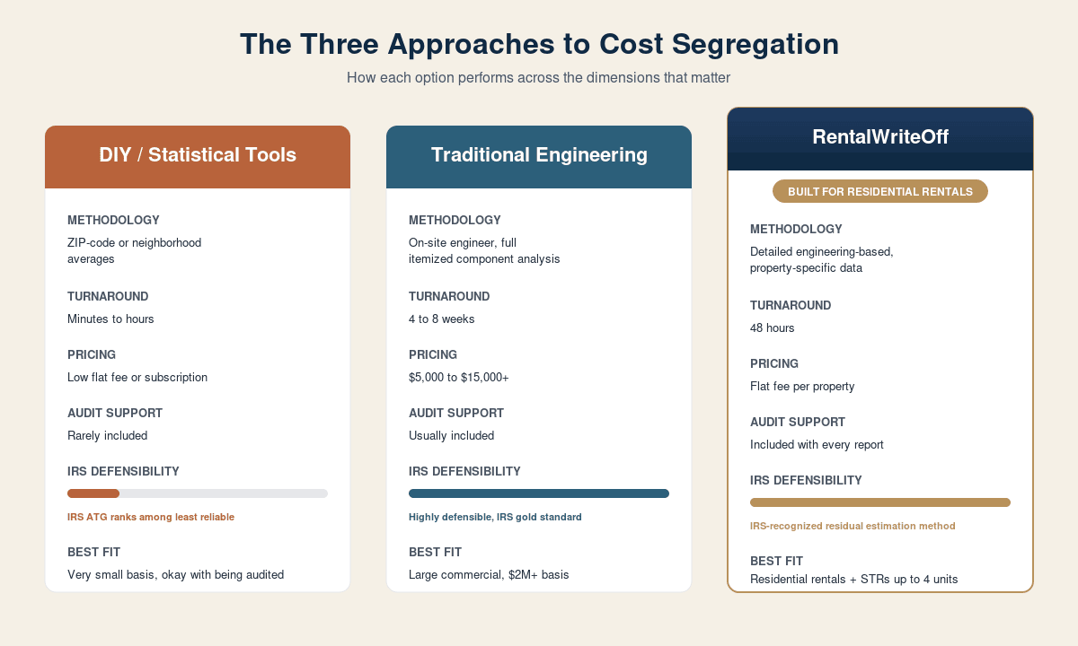 Cost segregation approaches compared: DIY tools, traditional engineering, and RentalWriteOff for rental properties